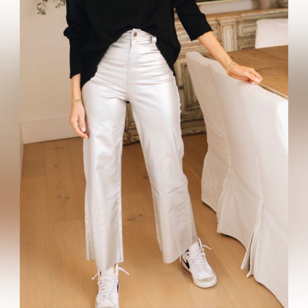Anniewear Denim Coated Shiny Silver Cropped Wide Leg Pants
